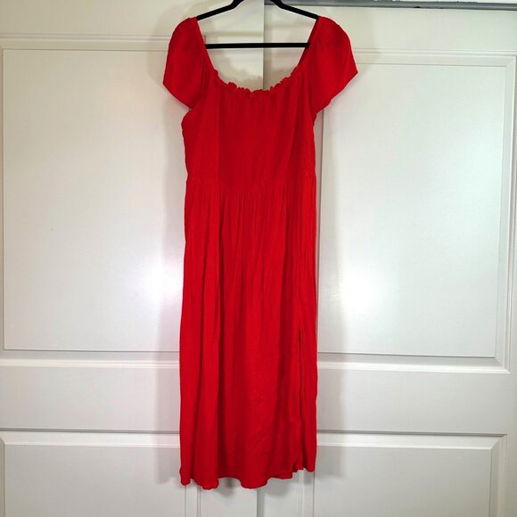 Red Smocked Midi On or Off Shoulder Slit Front Crepe Dress XXL - Picture 2 of 8